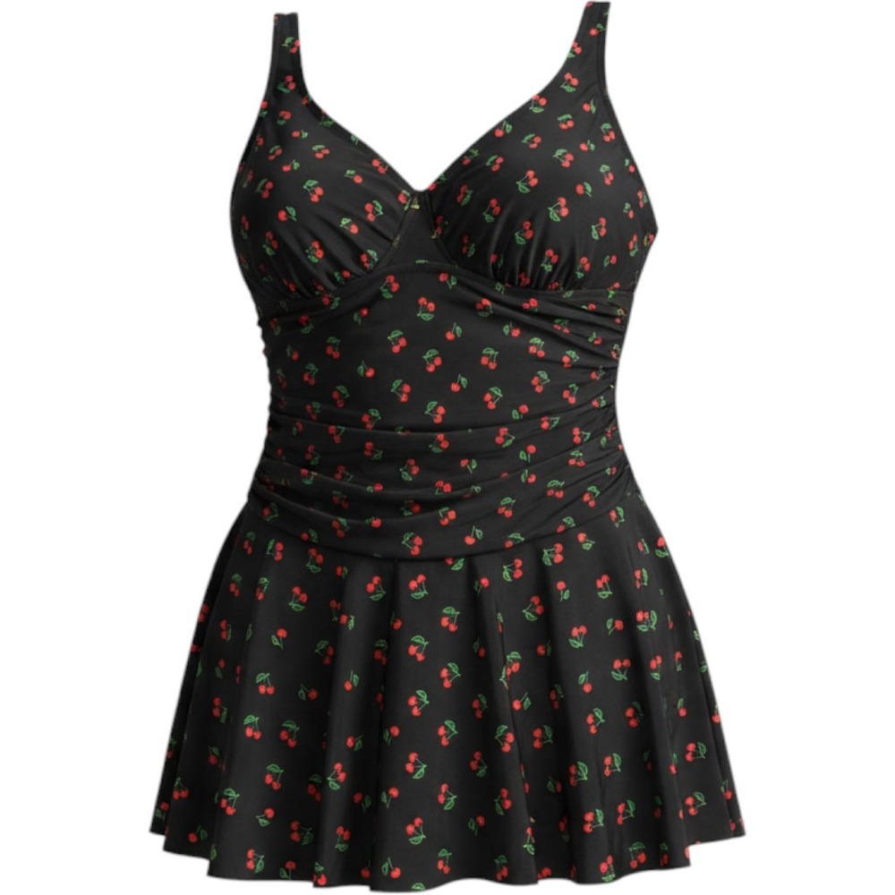 Shekini Women Black Red Cherry Print Ruched V-Neck One Piece Swim Dress M